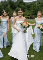 Renata | Elegant Straps Sheath Column Bows Pleats Light Blue Satin Long Bridesmaid Dress - Price #price_variant_lowest# - Light Blue - PromDressClub